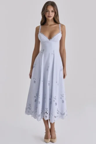 Tatiana Bluebell Lace + Cotton Broderie Anglais Midi Sommerkjoler