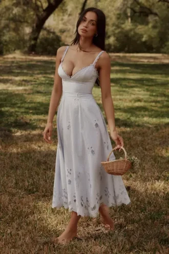 Tatiana Bluebell Lace + Cotton Broderie Anglais Midi Sommerkjoler
