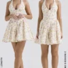 Valentia Ivory Meadow Print Cotton Halter Mini Kjoler