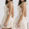 Valentia Ivory Meadow Print Cotton Halter Mini Kjoler