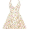 Valentia Ivory Meadow Print Cotton Halter Mini Kjoler