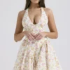 Valentia Ivory Meadow Print Cotton Halter Mini Kjoler