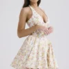 Valentia Ivory Meadow Print Cotton Halter Mini Kjoler