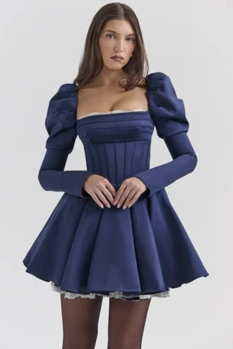 Venetia Midnight Satin Puff Sleeve Mini Kjoler
