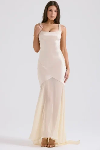 Vittoria Champagne Chiffon gulvlengde aftenkjole