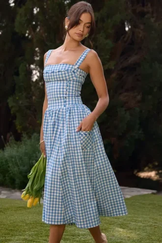 Vivien Regatta Blue Gingham Midi Sommerkjoler