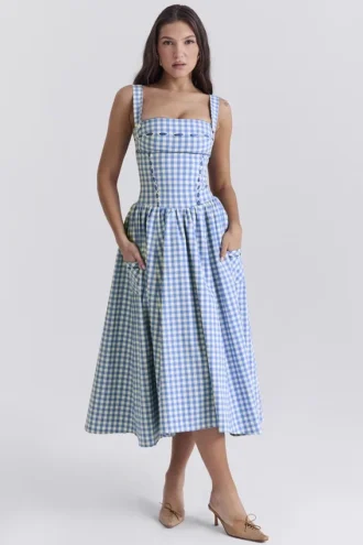 Vivien Regatta Blue Gingham Midi Sommerkjoler