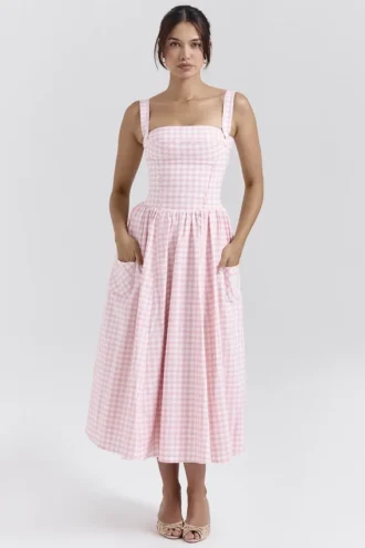 Vivien Strawberry Shortcake Gingham Midi Sommerkjoler