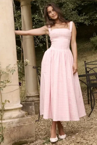 Vivien Strawberry Shortcake Gingham Midi Sommerkjoler