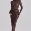 Yasmeen Espresso Brown Lace + Satin Draped Maxi Kjoler