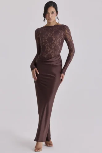Yasmeen Espresso Brown Lace + Satin Draped Maxi Kjoler