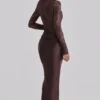 Yasmeen Espresso Brown Lace + Satin Draped Maxi Kjoler