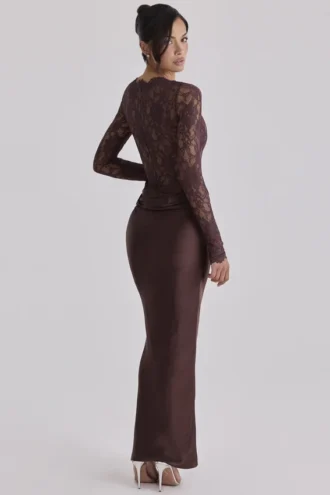 Yasmeen Espresso Brown Lace + Satin Draped Maxi Kjoler
