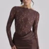 Yasmeen Espresso Brown Lace + Satin Draped Maxi Kjoler