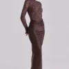 Yasmeen Espresso Brown Lace + Satin Draped Maxi Kjoler