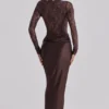 Yasmeen Espresso Brown Lace + Satin Draped Maxi Kjoler