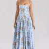 Ysabella blå vintage rose-print bomulls midi-sommerkjole