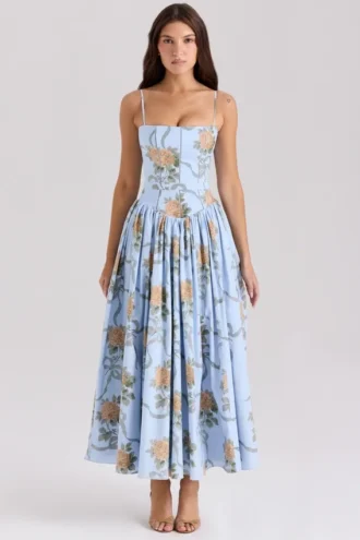 Ysabella blå vintage rose-print bomulls midi-sommerkjole