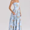 Ysabella blå vintage rose-print bomulls midi-sommerkjole