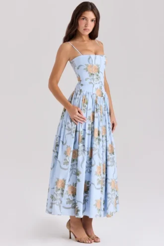 Ysabella blå vintage rose-print bomulls midi-sommerkjole