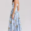 Ysabella blå vintage rose-print bomulls midi-sommerkjole