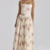 Ysabella elfenben vintage rose print bomull midi Sommerkjoler