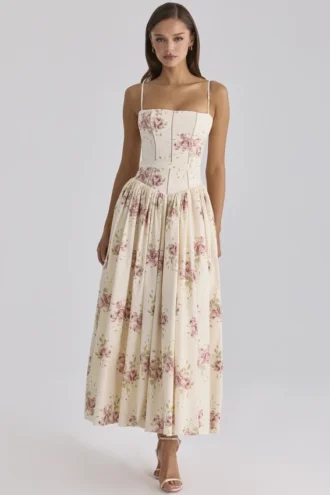 Ysabella elfenben vintage rose print bomull midi Sommerkjoler