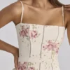 Ysabella elfenben vintage rose print bomull midi Sommerkjoler