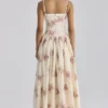 Ysabella elfenben vintage rose print bomull midi Sommerkjoler