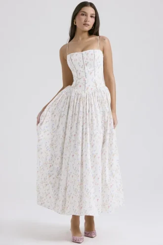 Ysabella hvit maxi-sommerkjol i bomull med blomstertrykk