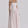 Ysabella hvit roseprint bomulls midi-sommerkjole