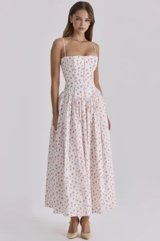 Ysabella hvit roseprint bomulls midi-sommerkjole