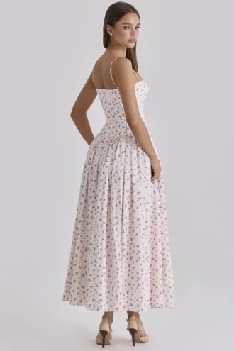 Ysabella hvit roseprint bomulls midi-sommerkjole