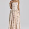 Ysabella Ivory Sweet Peony Floral Print Cotton Midi Sommerkjoler