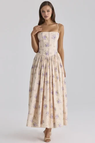 Ysabella Ivory Sweet Peony Floral Print Cotton Midi Sommerkjoler