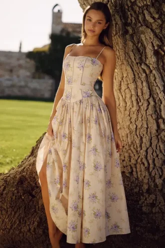 Ysabella Ivory Sweet Peony Floral Print Cotton Midi Sommerkjoler