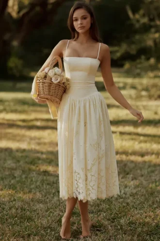 Ysabella Lemon Custom Lace + Broderie Anglaise Midi Sommerkjoler