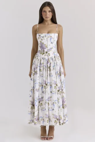 Ysabella Off White Vintage Ribbon Print Cotton Midi Sommerkjoler