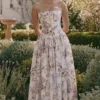 Ysabella Off White Vintage Ribbon Print Cotton Midi Sommerkjoler