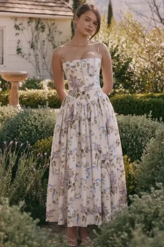 Ysabella Off White Vintage Ribbon Print Cotton Midi Sommerkjoler