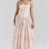 Ysabella Peach Floral Print Stretch Cotton Midi Sommerkjoler