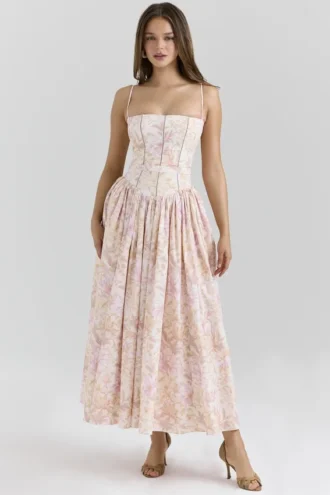Ysabella Peach Floral Print Stretch Cotton Midi Sommerkjoler