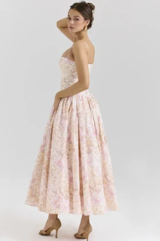 Ysabella Peach Floral Print Stretch Cotton Midi Sommerkjoler