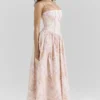 Ysabella Peach Floral Print Stretch Cotton Midi Sommerkjoler