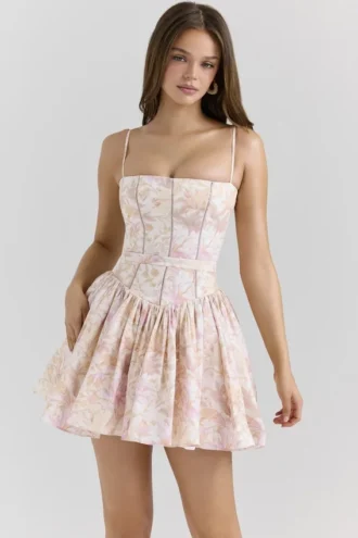 Ysabella Peach Floral Print Stretch Cotton Mini Sommerkjoler