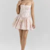 Ysabella Peach Floral Print Stretch Cotton Mini Sommerkjoler