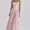 Ysabella rosa vintage rose-print bomulls midi-sommerkjoler