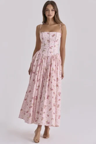 Ysabella rosa vintage rose-print bomulls midi-sommerkjoler