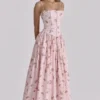 Ysabella rosa vintage rose-print bomulls midi-sommerkjoler