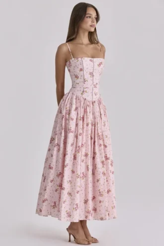 Ysabella rosa vintage rose-print bomulls midi-sommerkjoler